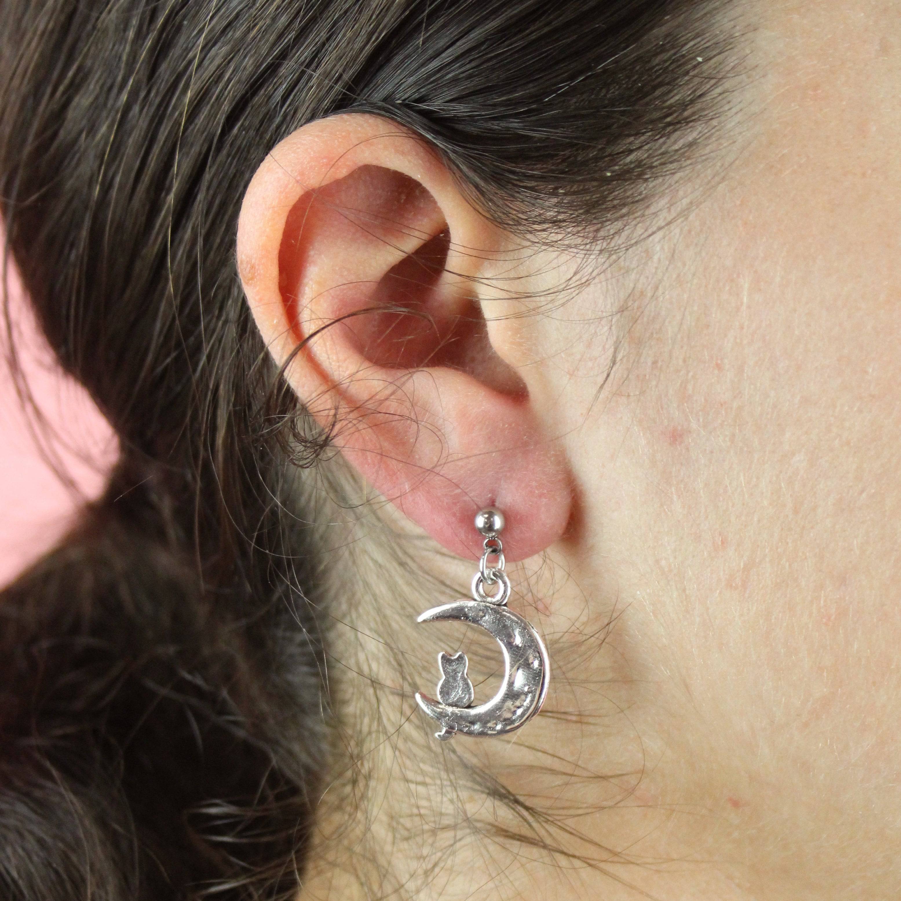 Cat On The Moon Stud Earrings