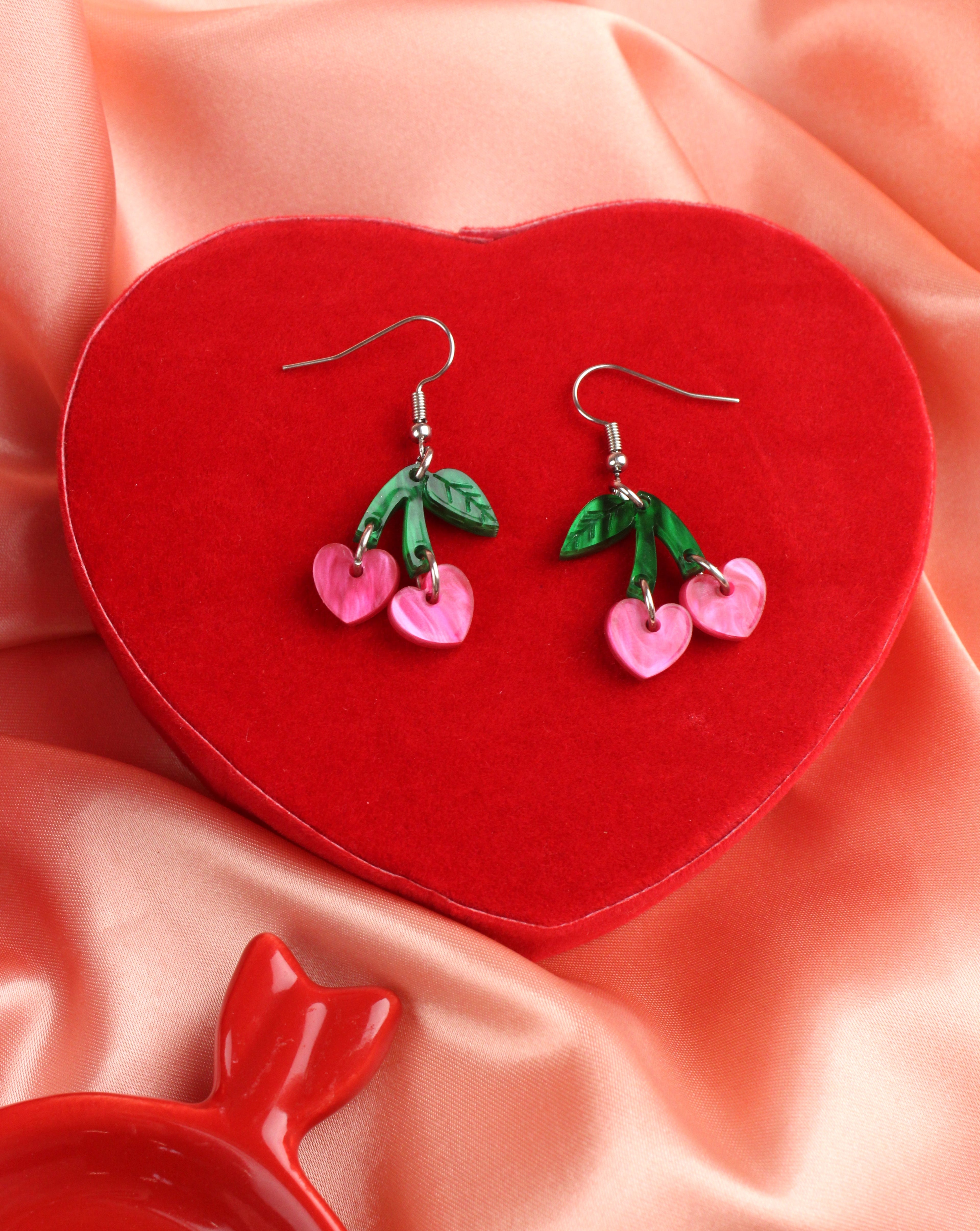 Cherry Love Earrings (Pink Marble)