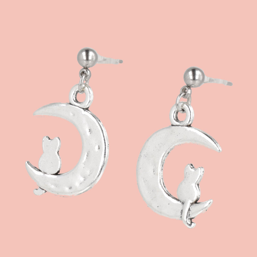 Cat On The Moon Stud Earrings