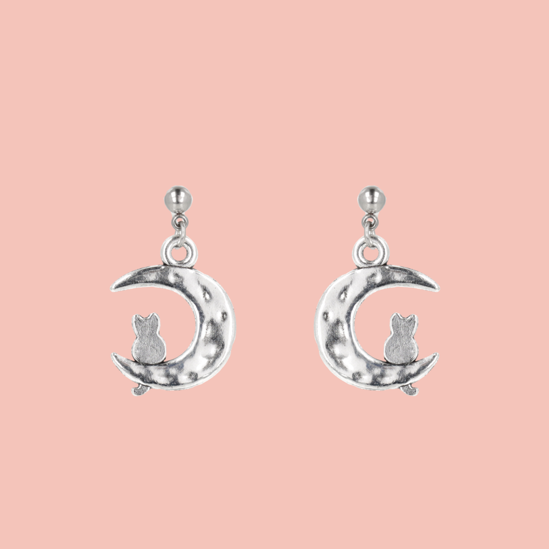 Cat On The Moon Stud Earrings